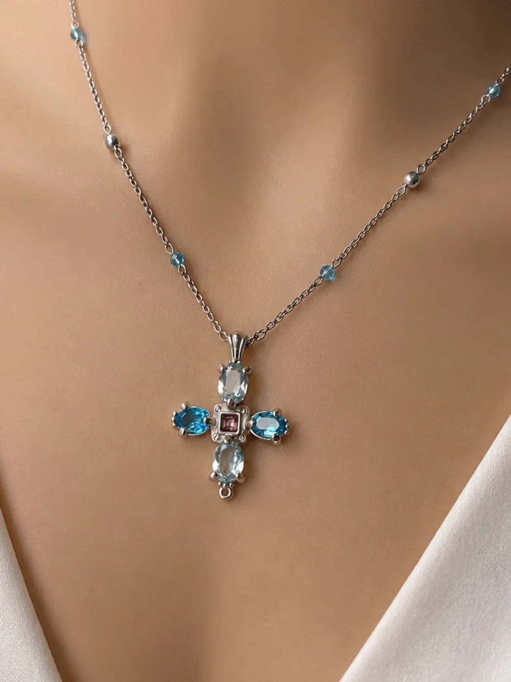 Swarovski Crystal Cross Necklace Sterling Silver Blue Crystal & Pink Accent Swan